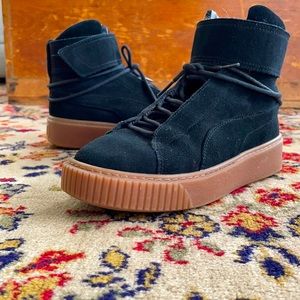 Puma, high tops, platform, black suede, size 6.